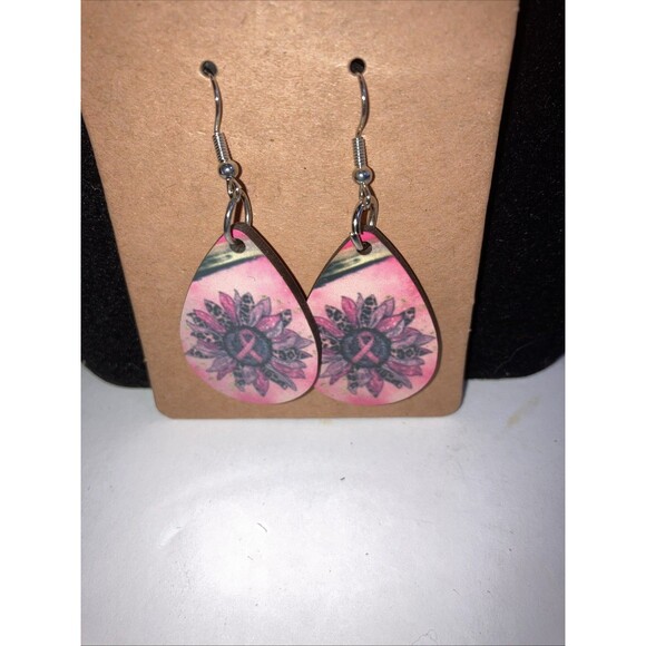 Hypoallergenic Dangle Drop Earrings breast Cancer Awareness Pink Ribbon - Picture 1 of 4